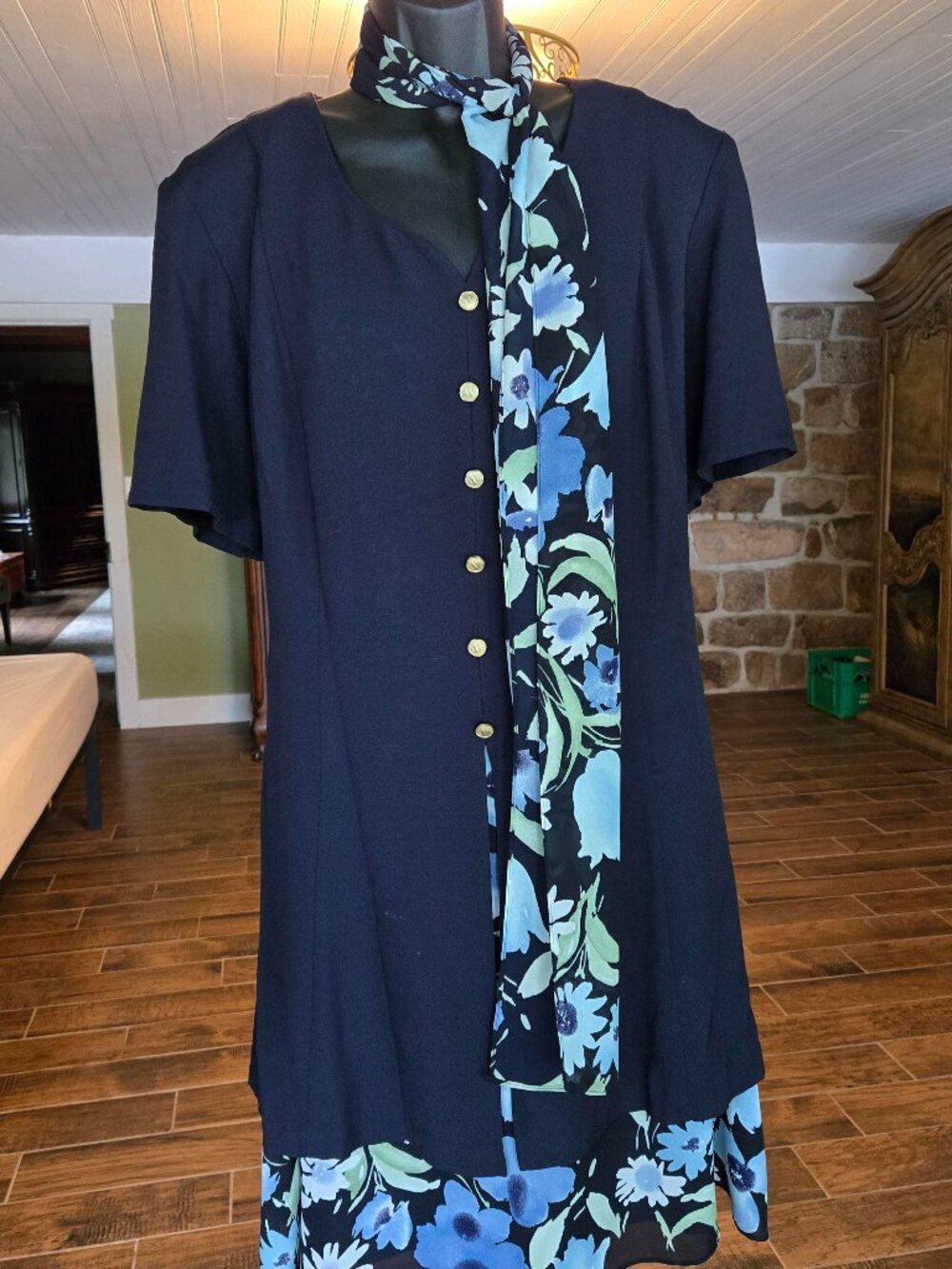 Dawn Joy II Fashion Dress w/Attached Jacket & Scarf Size 18  Navy Blue & Floral
